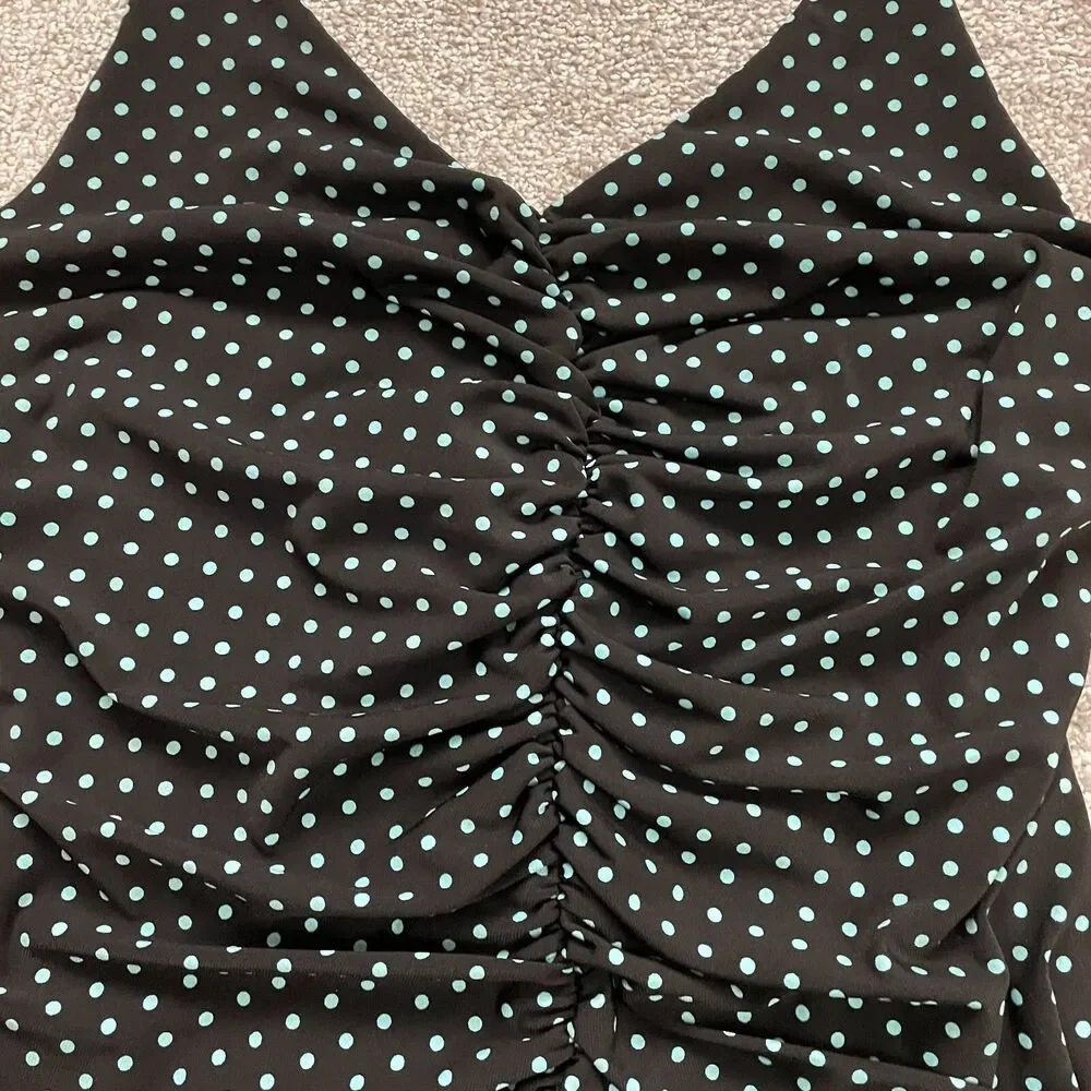 AGB Dress Womens 12 Black Polka Polyester Short Halter Backless Stretch A Line